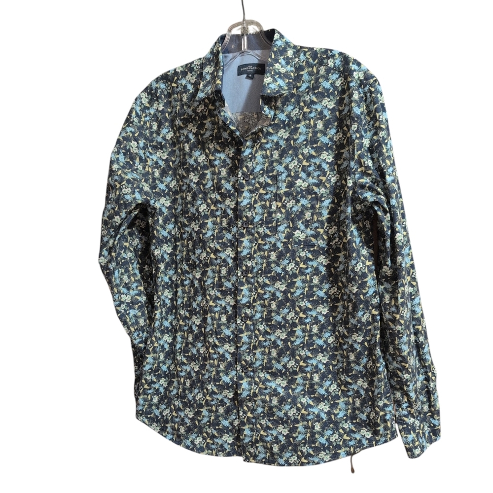 Rue Saint-Patrick Men’s Medium Blue Floral Button Down Shirt Yellow Heart Print